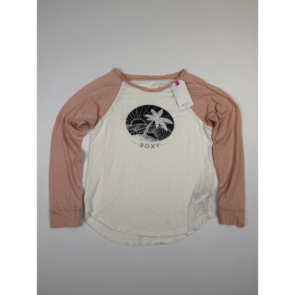 Roxy T Shirt Girls XL/14 White Dusty Rose Graphic Print Raglan Sleeve Streetwear